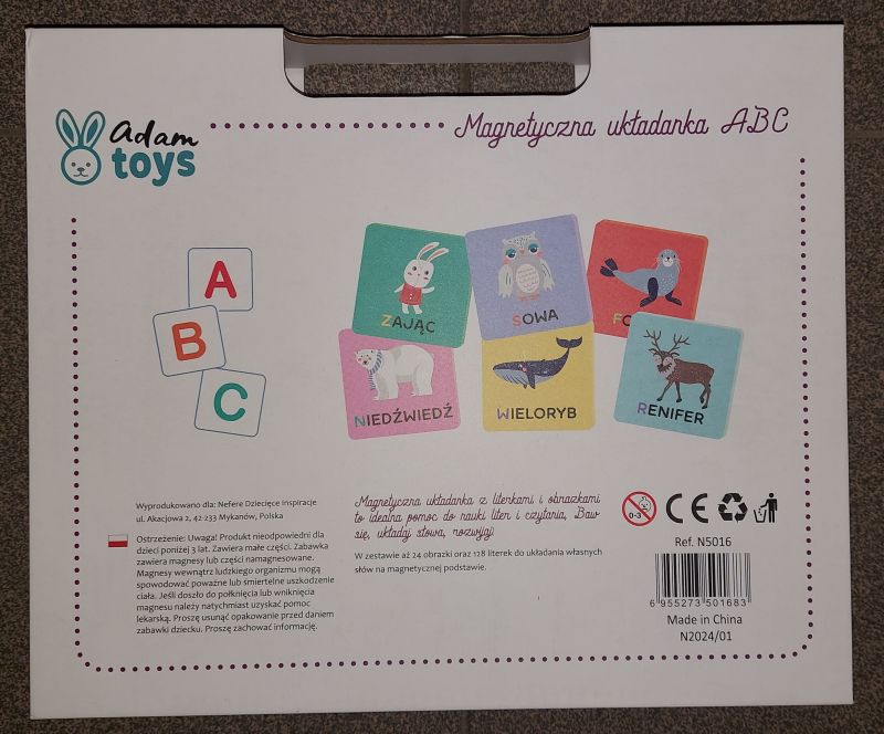 Układanka magnetyczna ABC z literkami i obrazkami - polskie znaki Adam Toys - bezpieczeństwo produktu